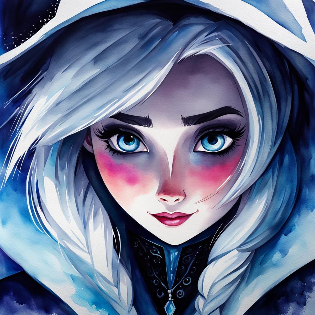 Scary Elsa Watercolor Portrait in Dramatic Style