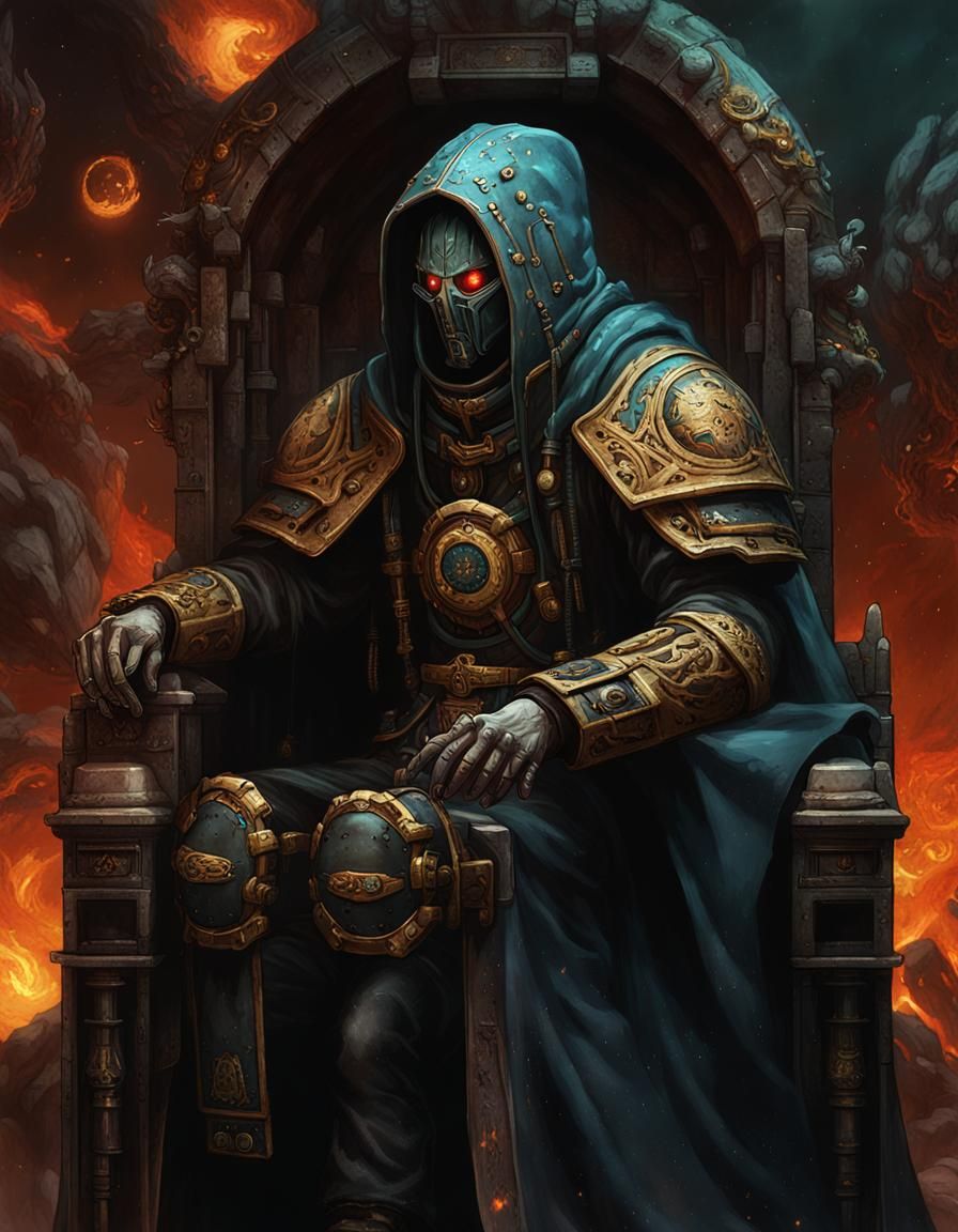 Asian Technomancer on Gothic Throne: Warhammer 40k Art