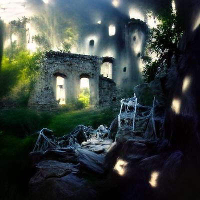 Eerie Castle Ruins with Ghostly Figures