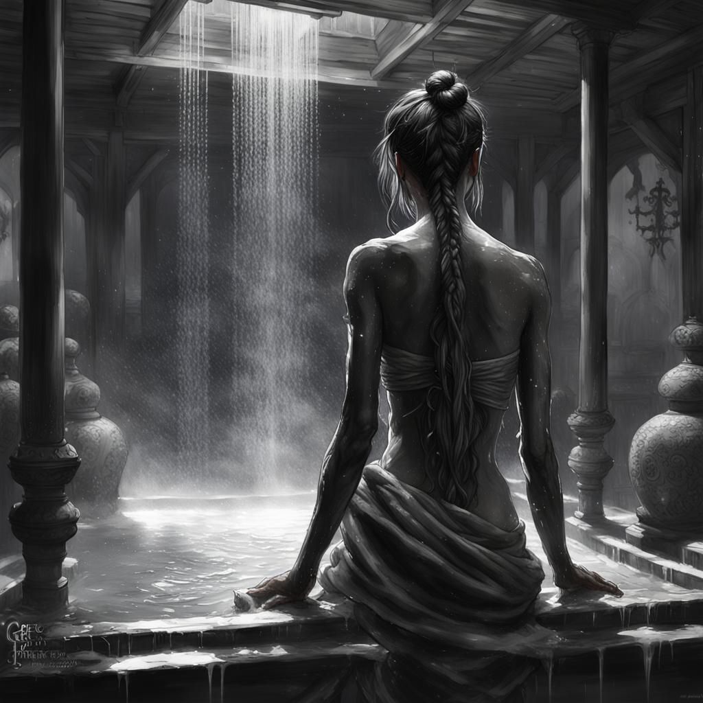 Asian Woman Showering: Black and White Watercolor