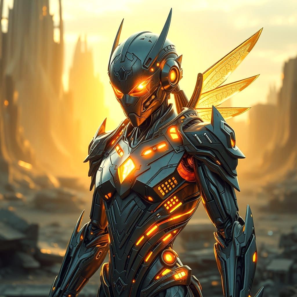 Celestial Cyborg Warrior in Futuristic City