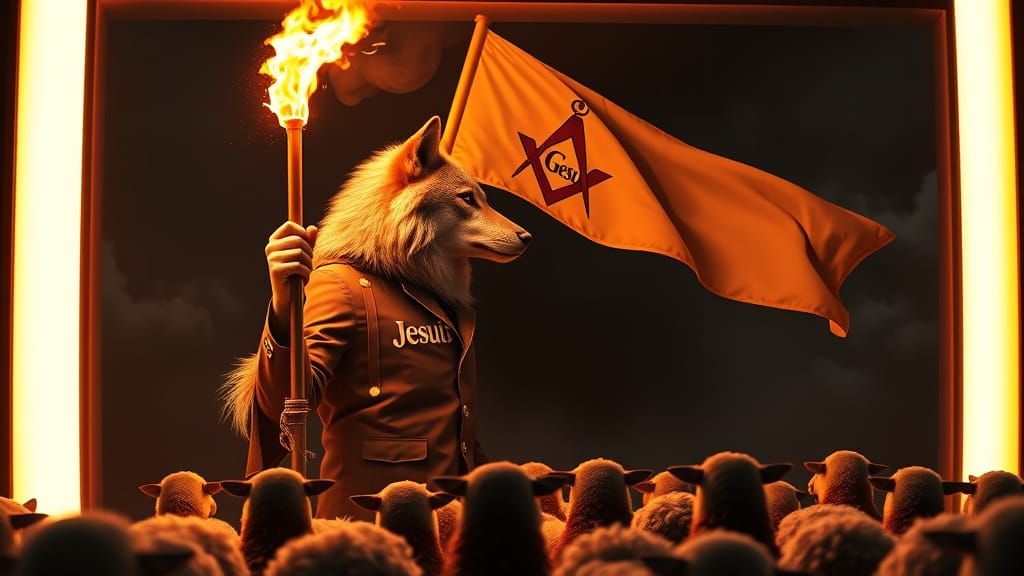 Wolf in News Jacket with Masonic Flag, Alcohol Ink Style