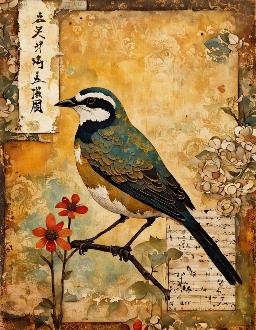 Bird on Flower Collage in Folk Art Style