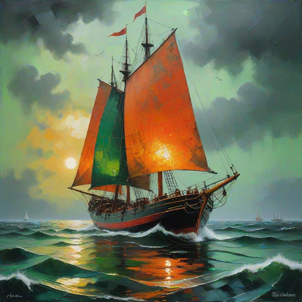 Galleon in Rough Seas: Vibrant Oil Painting