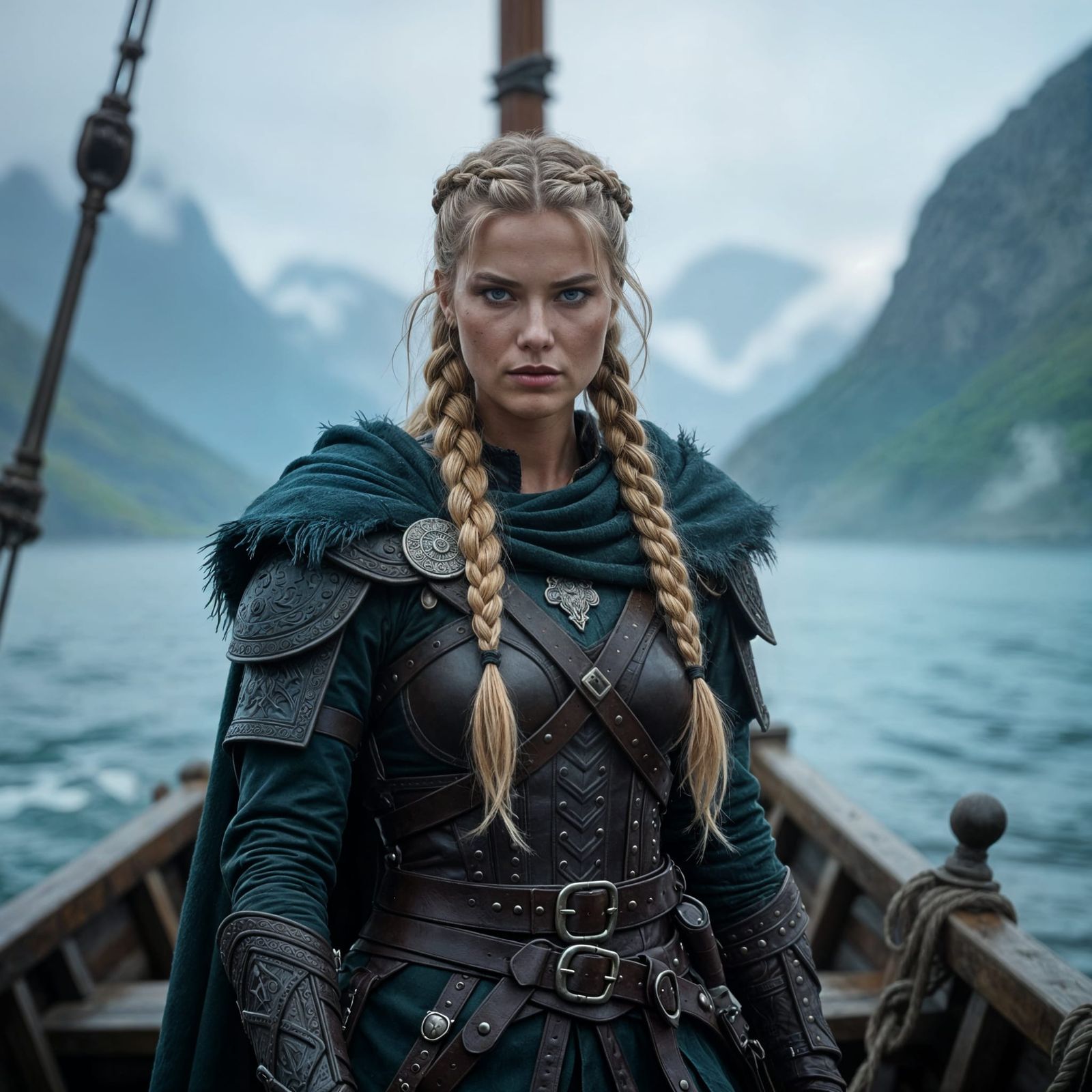 Hyperrealistic Viking Warrior on Longship in Fjord