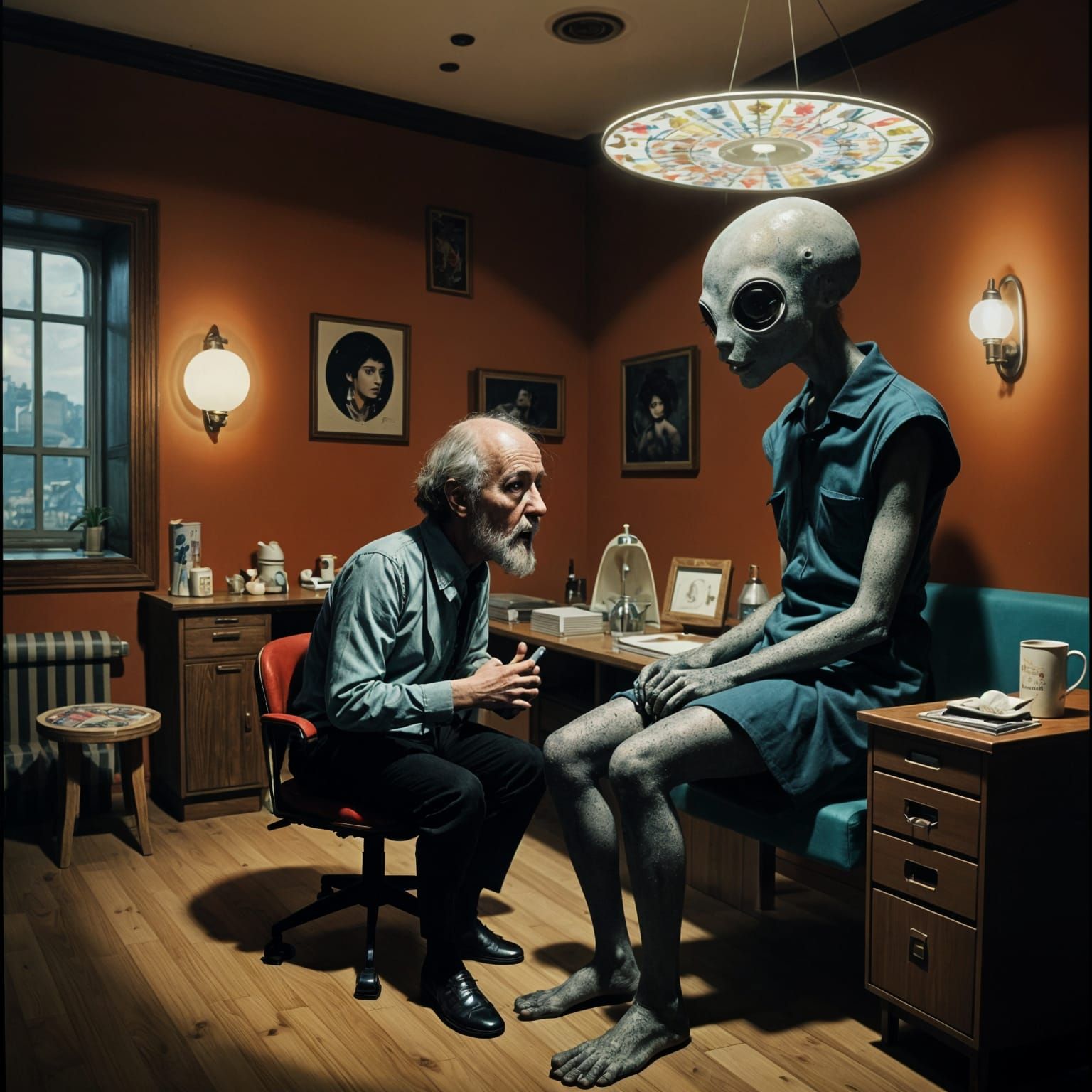 Alien in Therapy: A Surreal Retro Scene