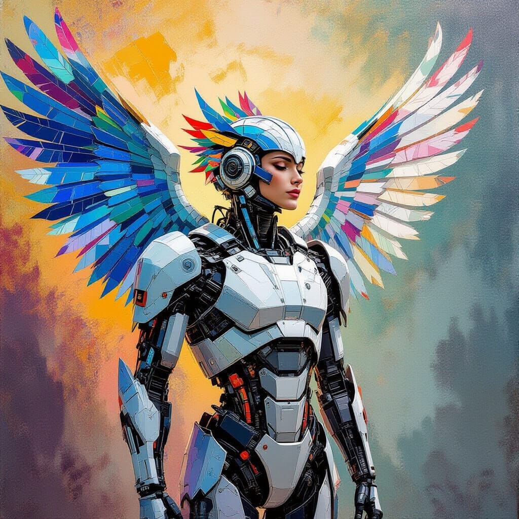 Winged Exoskeleton Suit in Impressionist Gouache Style
