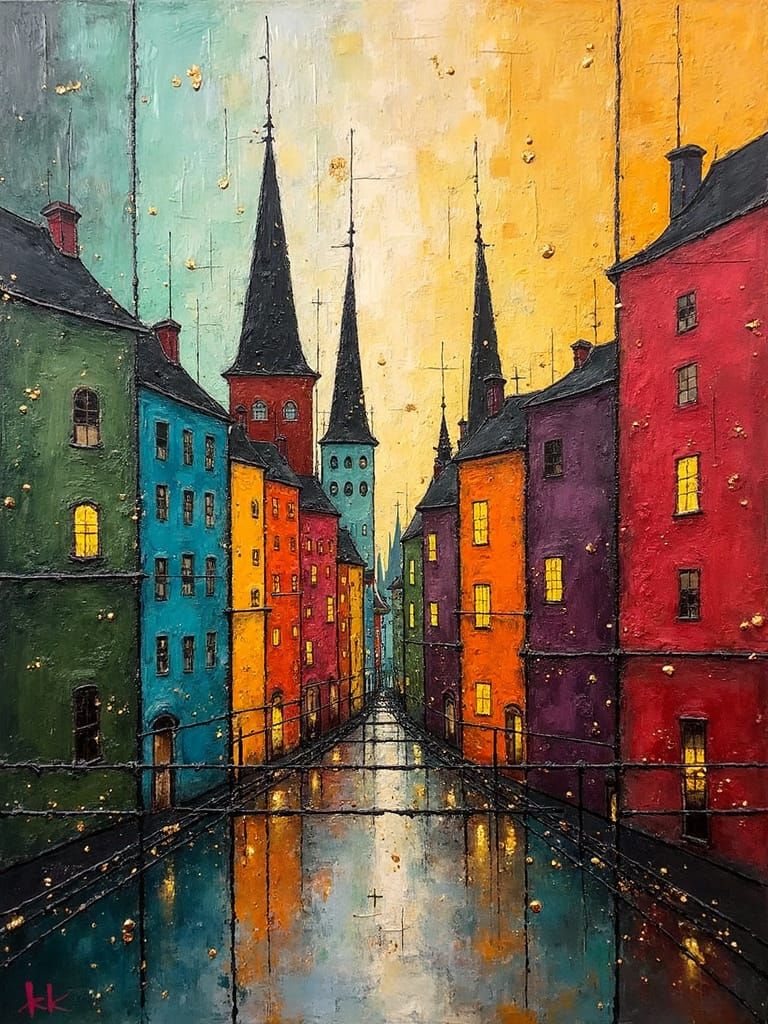Abstract Cityscape with Church Spires in Impasto Style