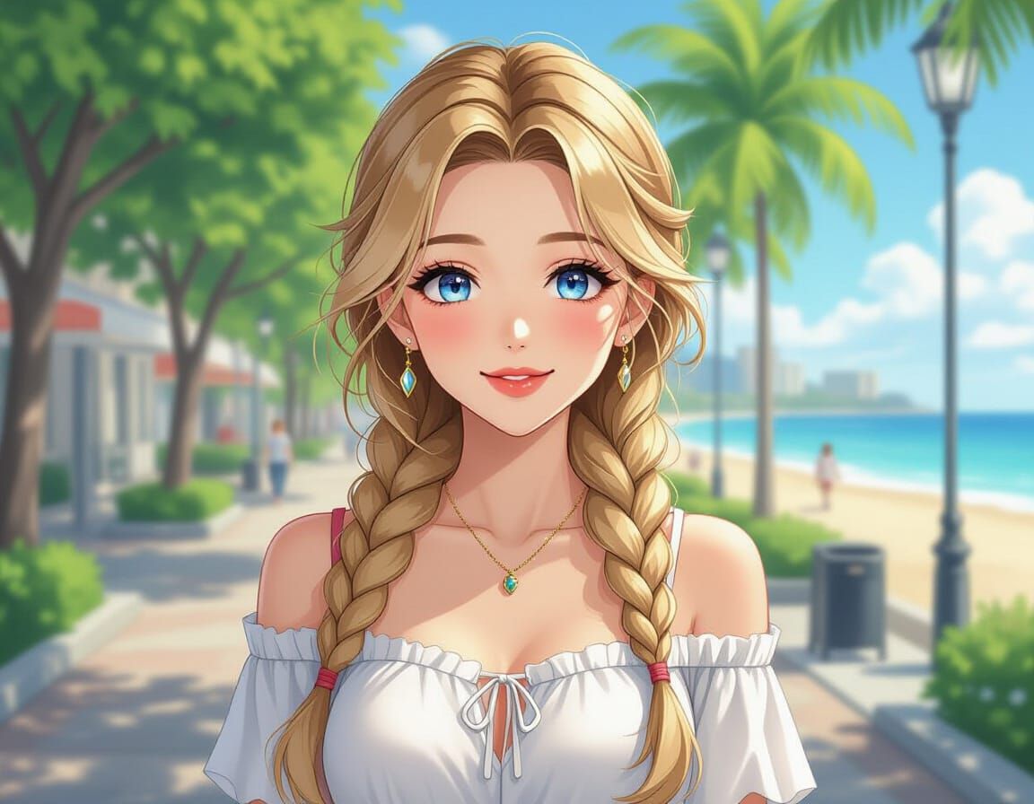 Beautiful Anime Woman Walking on Beach