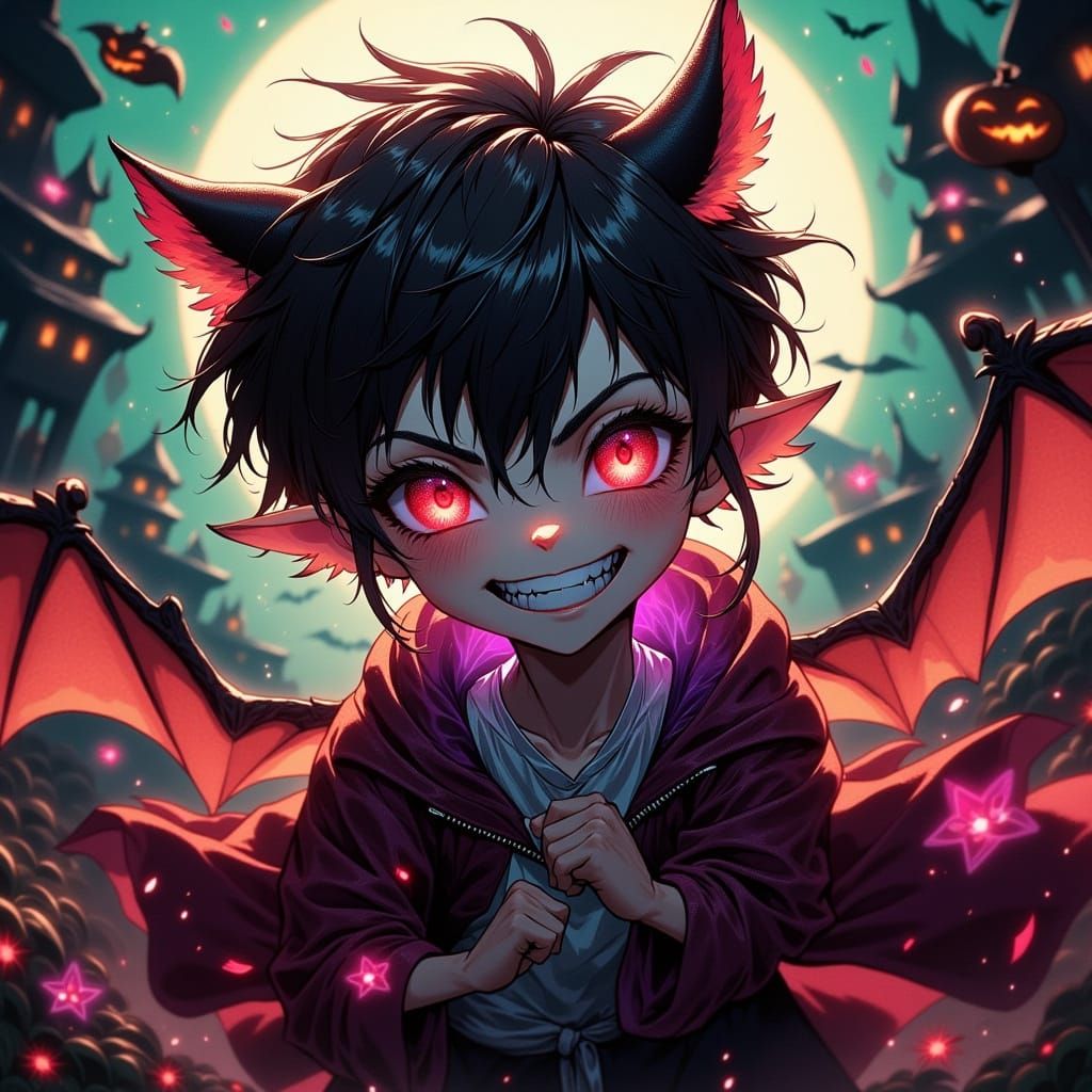 Mischievous Vampire Boy in 80s Anime Halloween Adventure