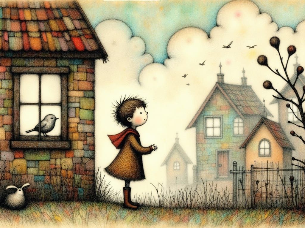 Whimsical Boy Watches a Serene Bird Sing in a Storybook Land...