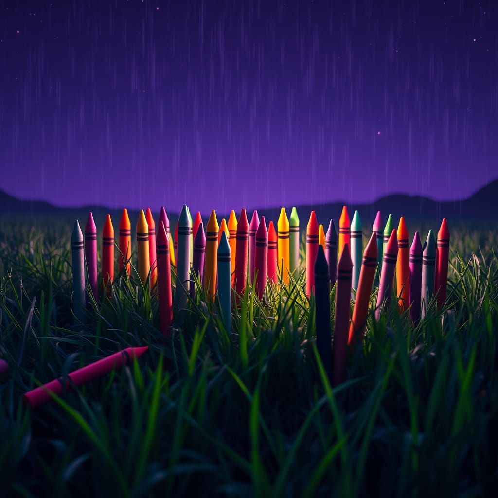 Synthwave Night: Crayons in a Rainy Field