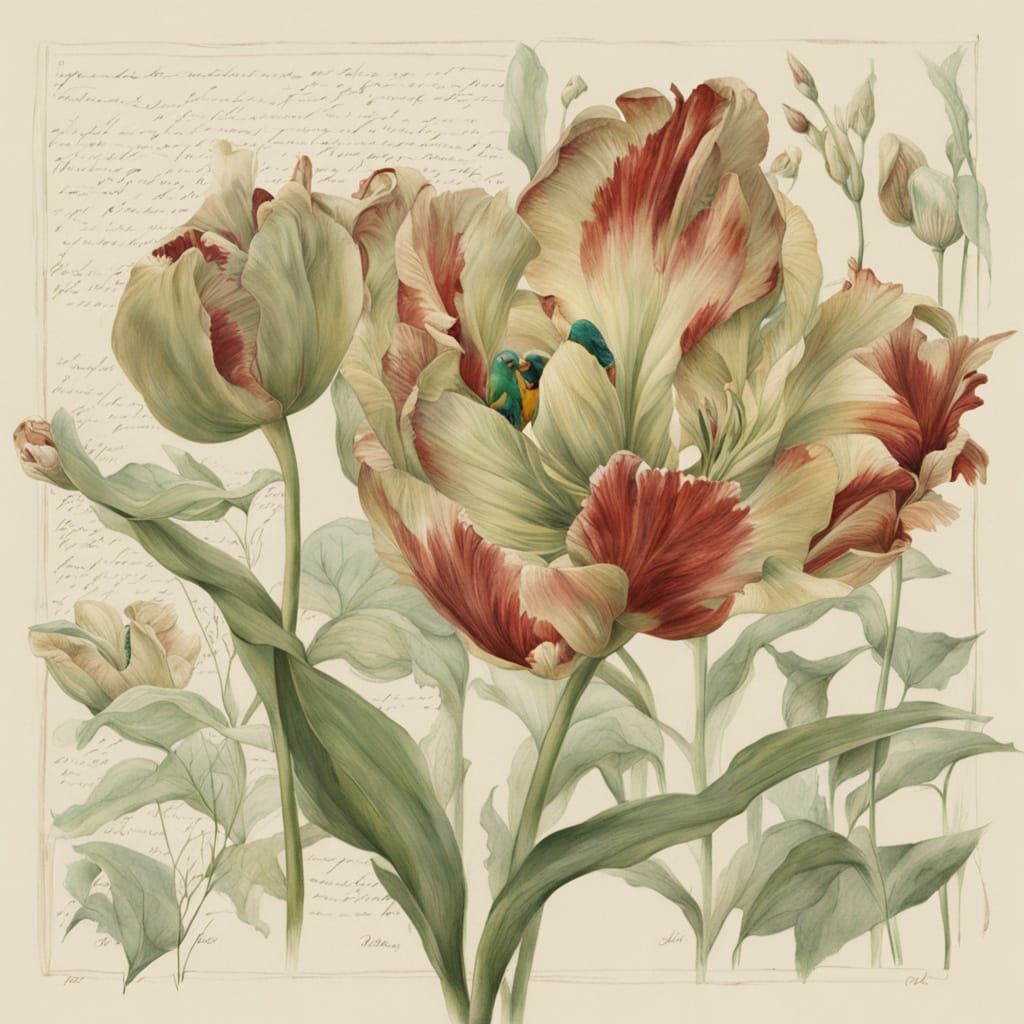 Watercolor Parrot Tulip Botanical Illustration