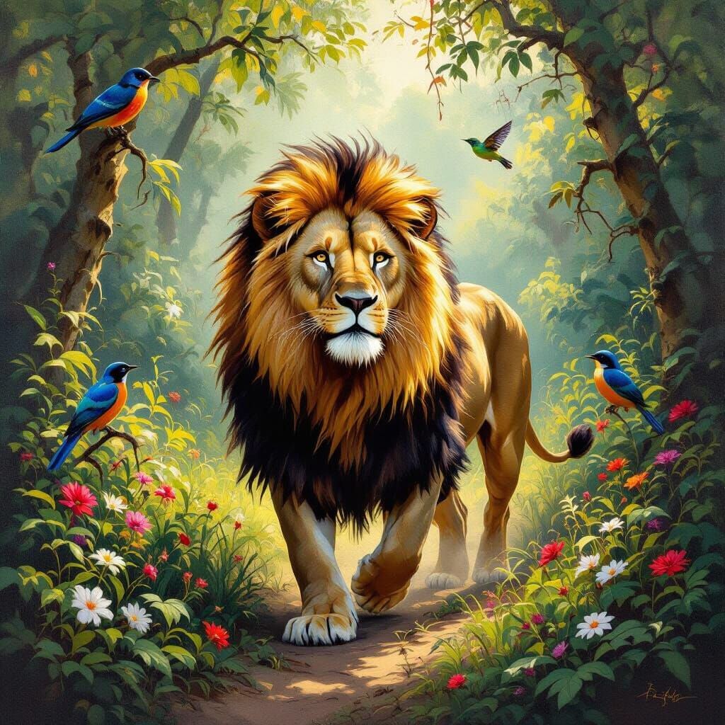 A majestic lion strides confidently through a dense jungle, its golden mane shimmering in the dappled sunlight filtering...