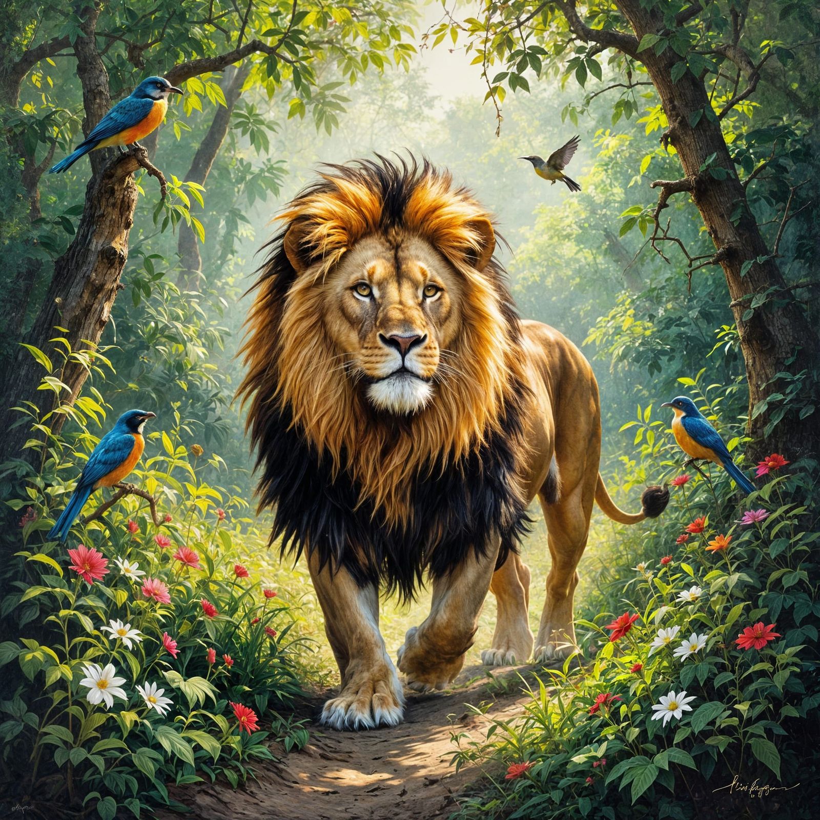 A majestic lion strides confidently through a dense jungle, its golden mane shimmering in the dappled sunlight filtering...