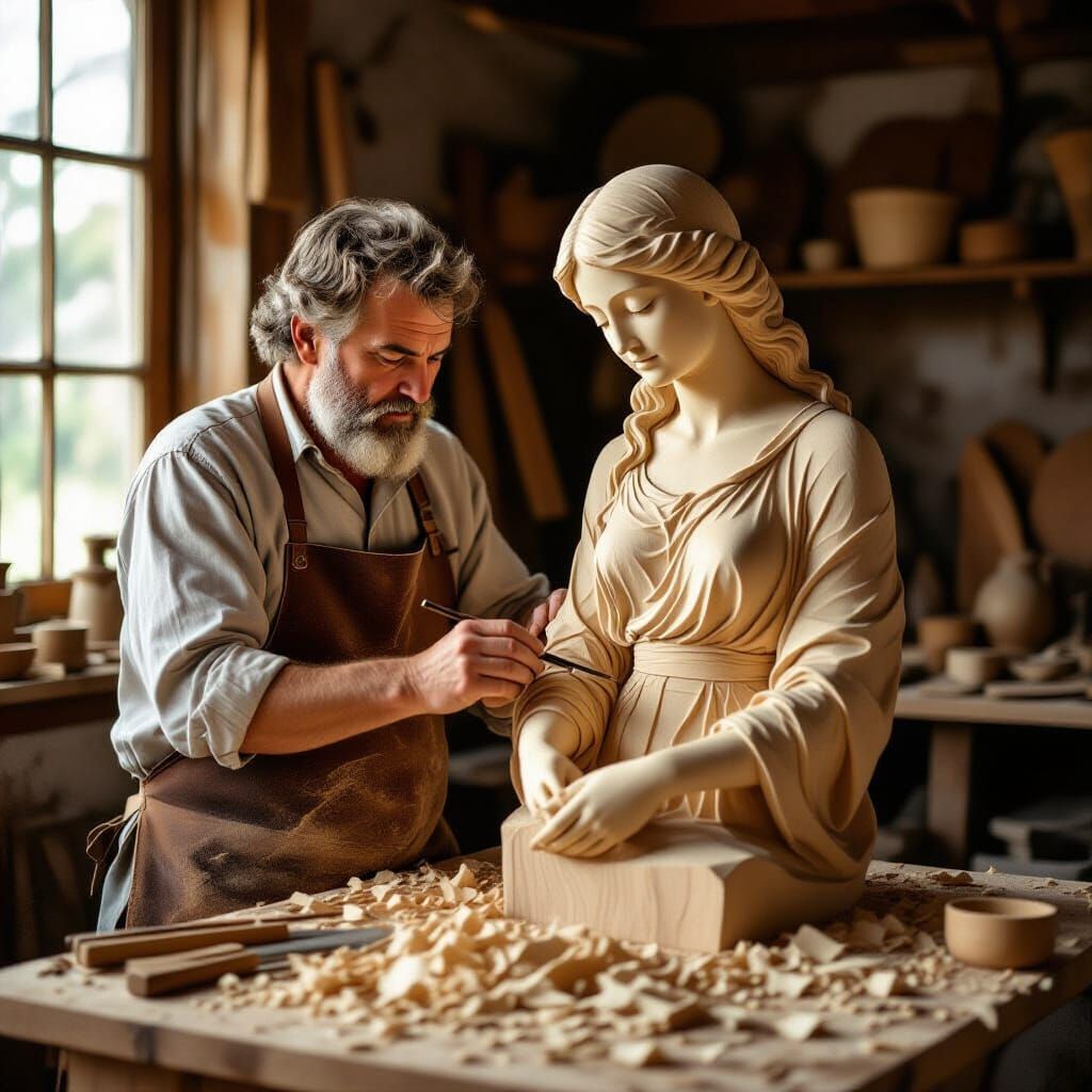 Woodcarver Sculpting Serene Figure, Art Nouveau Style