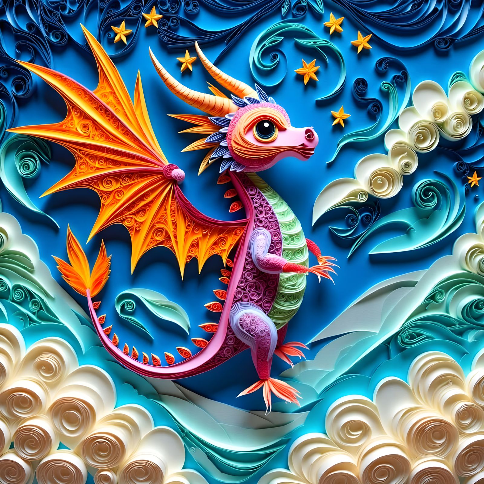 Quilled Paper Dragon Soaring in Dreamlike Sky