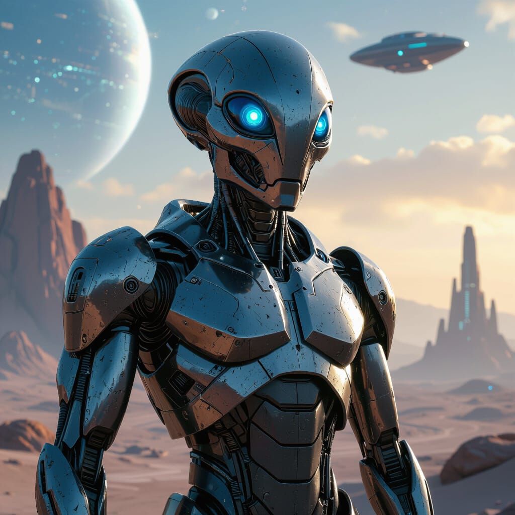 Heroic Robotic Alien in Futuristic Landscape