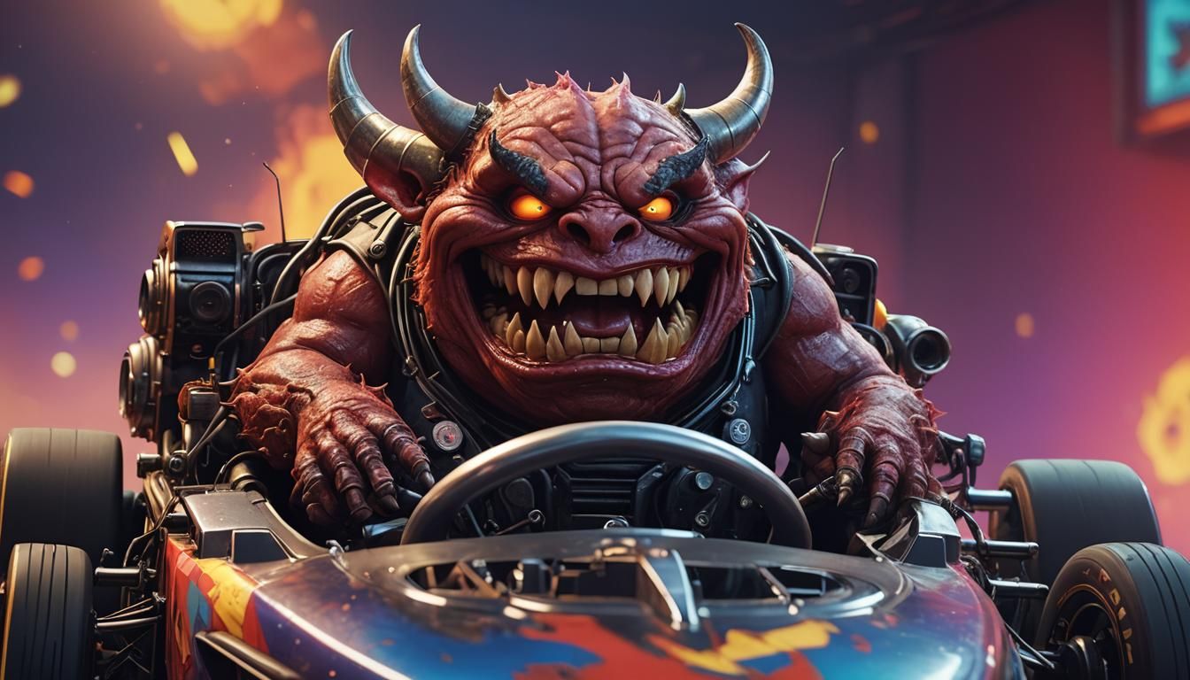 Happy Demon in Race Car: Hyperrealistic Concept Art