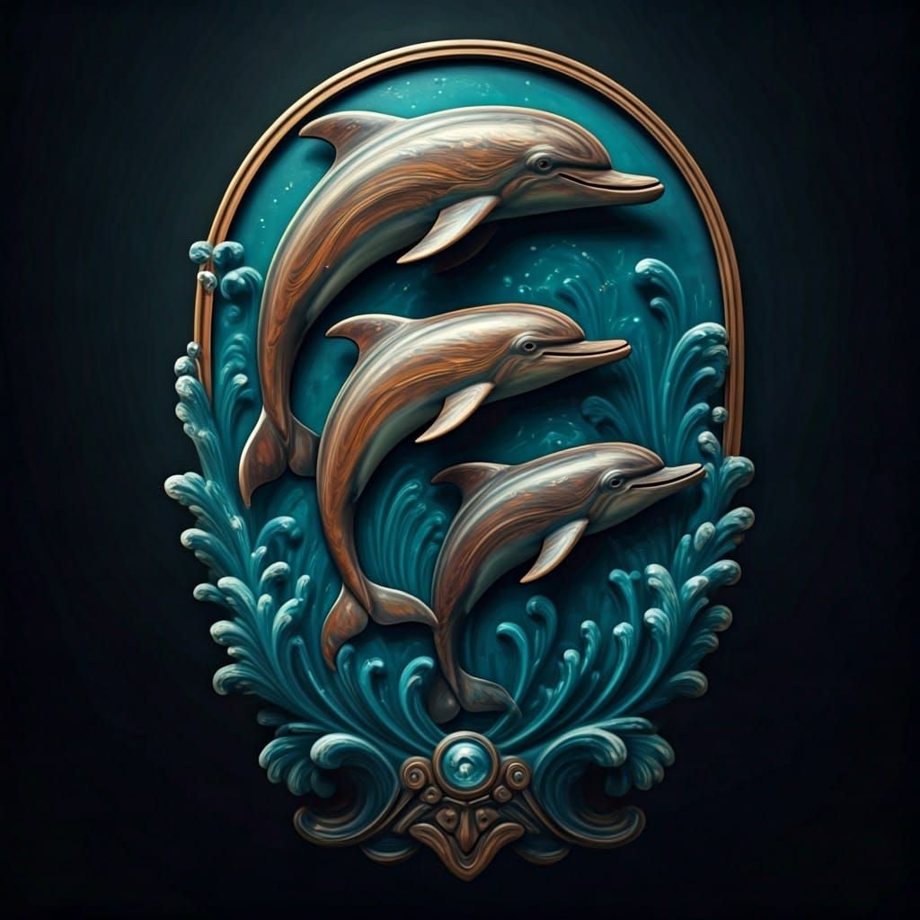 Detailed Wooden Carving of Three Dolphins