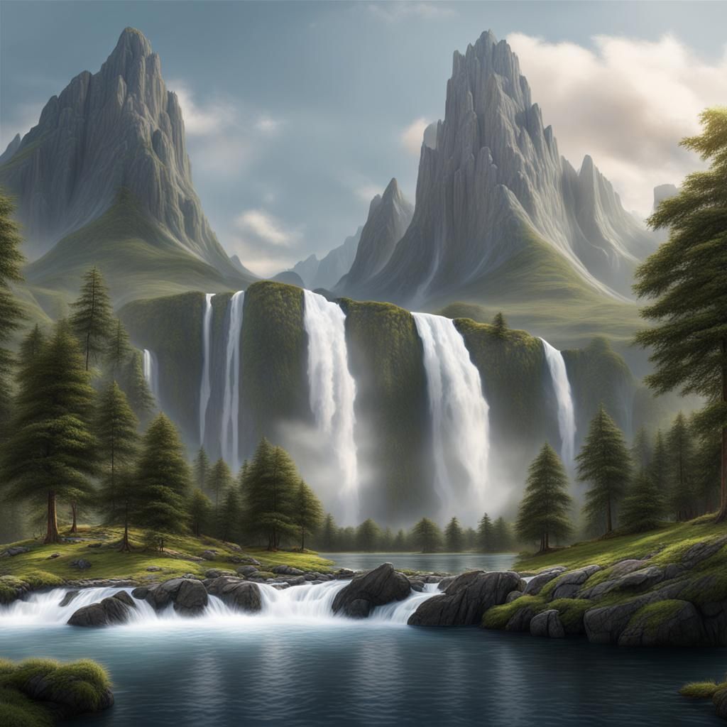 Mountains and Waterfall Matte Painting