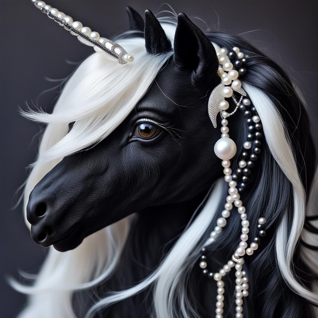 A beautiful obsidian black unicorn with a white mane