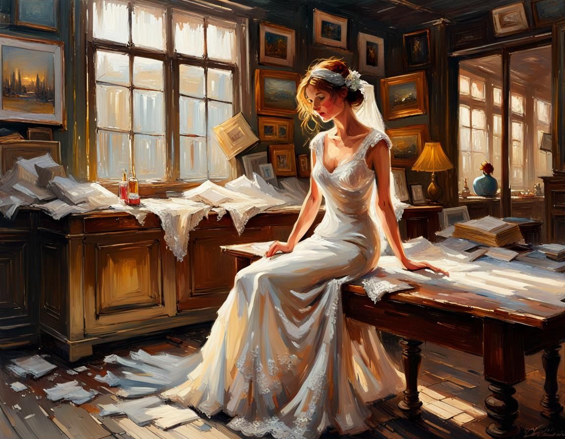 Lace Wedding Dress in Junk Shop, Post-Impressionistic Oil Pa...