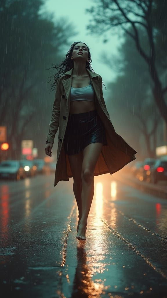 Woman Walking Barefoot in Rain, Noir Cinematic Style