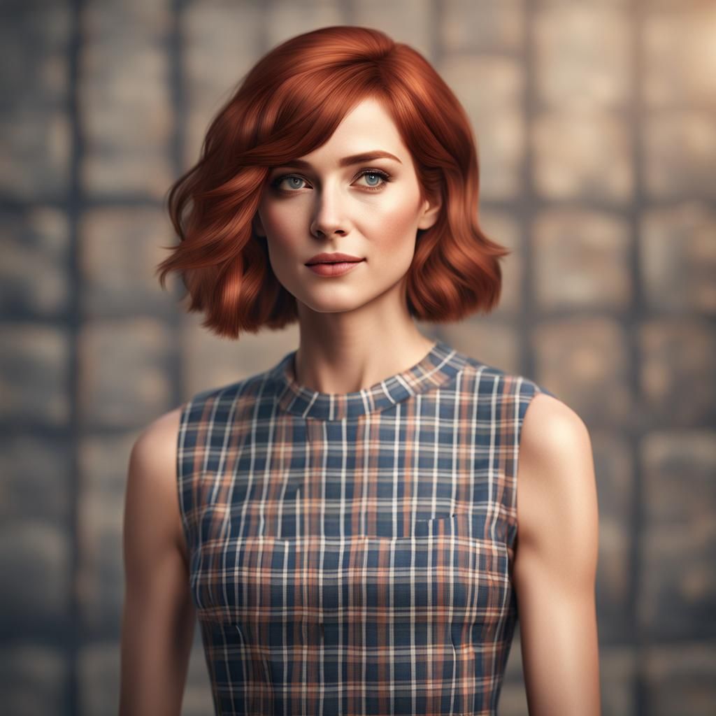 Radiant Woman with Auburn Hair in Plaid Dress