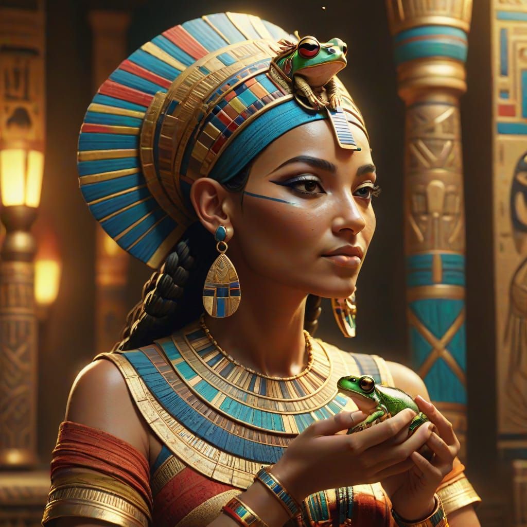 Egyptian Queen with Frog in Splash Art Style