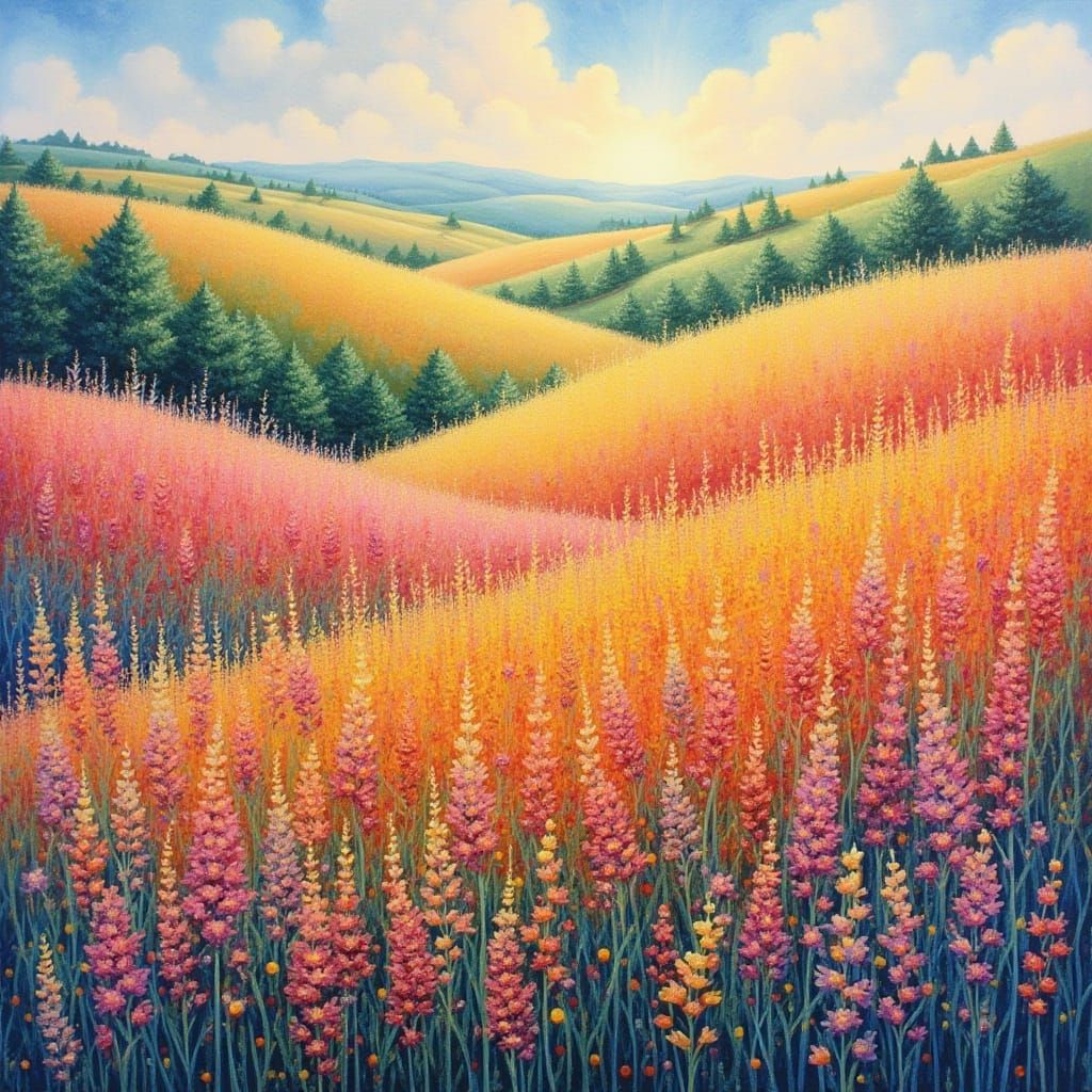Dreamy Wildflower Landscape in Impressionist Style
