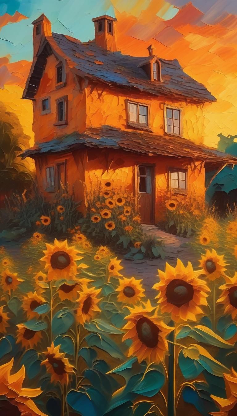 Surreal Witch House with Sunflowers in Impasto Style