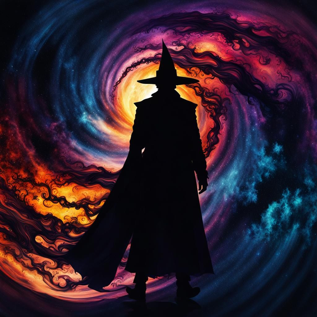 Warlock Silhouette in Hyperrealistic Galaxy Sunset
