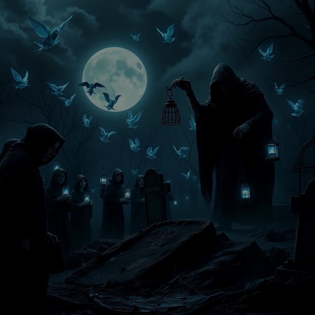 Mourning Souls in Dark Graveyard, Surrounded by Death's Omin...