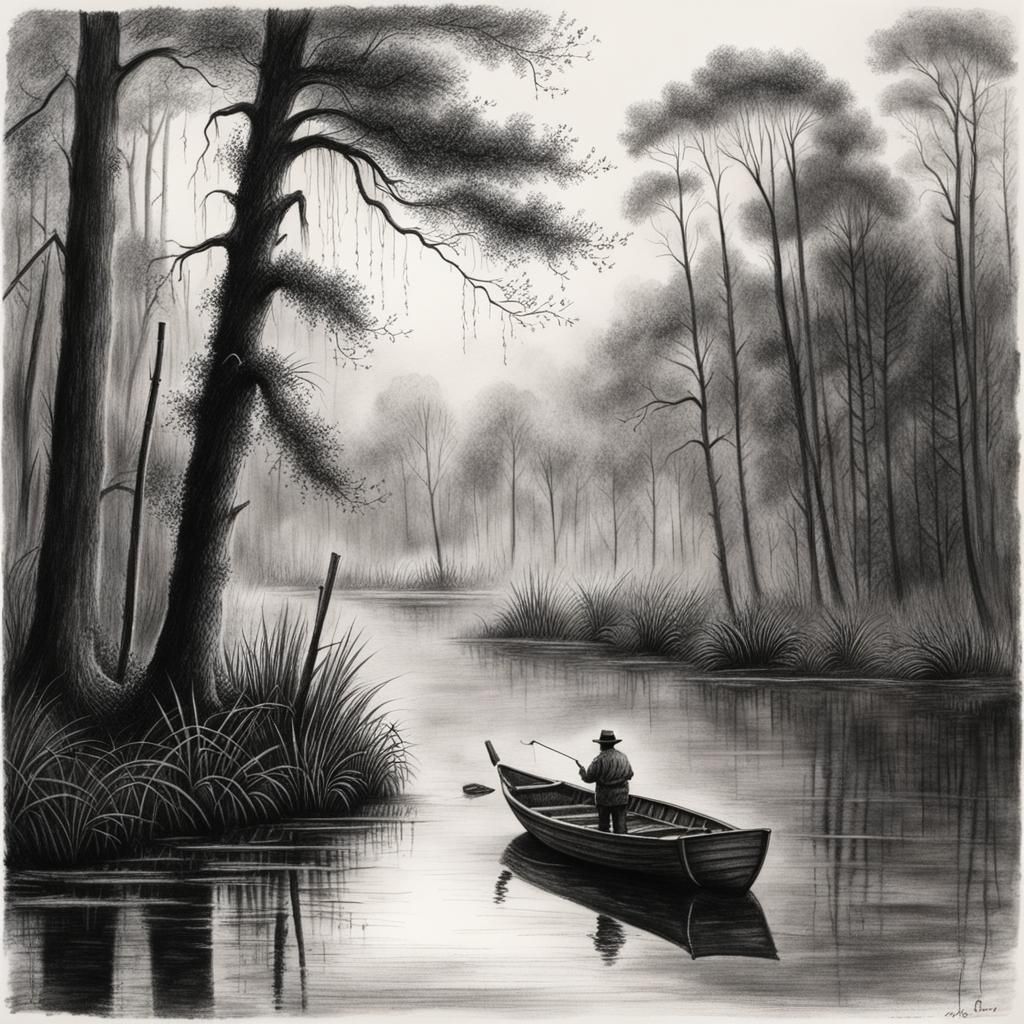 Foggy Swamp: Old Man Fishing, Charcoal Drawing