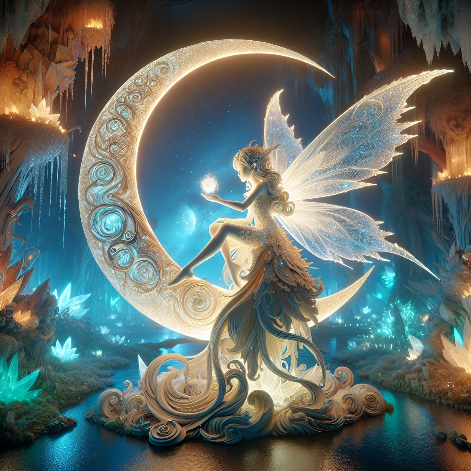 Crystal Fairy on Moon in Fantasy Forest