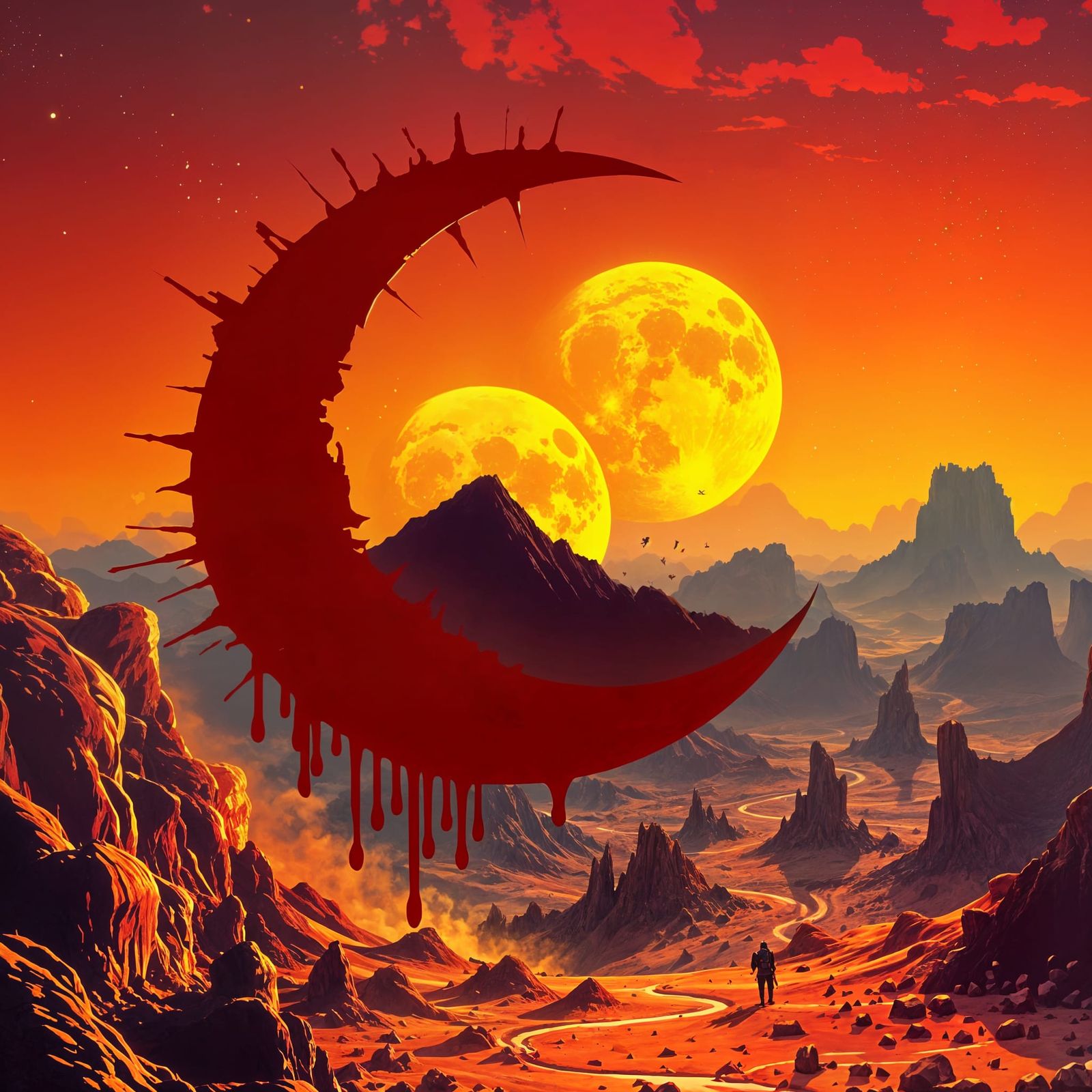 Double Exposure: Crescent Moon and Pixel Art Landscape