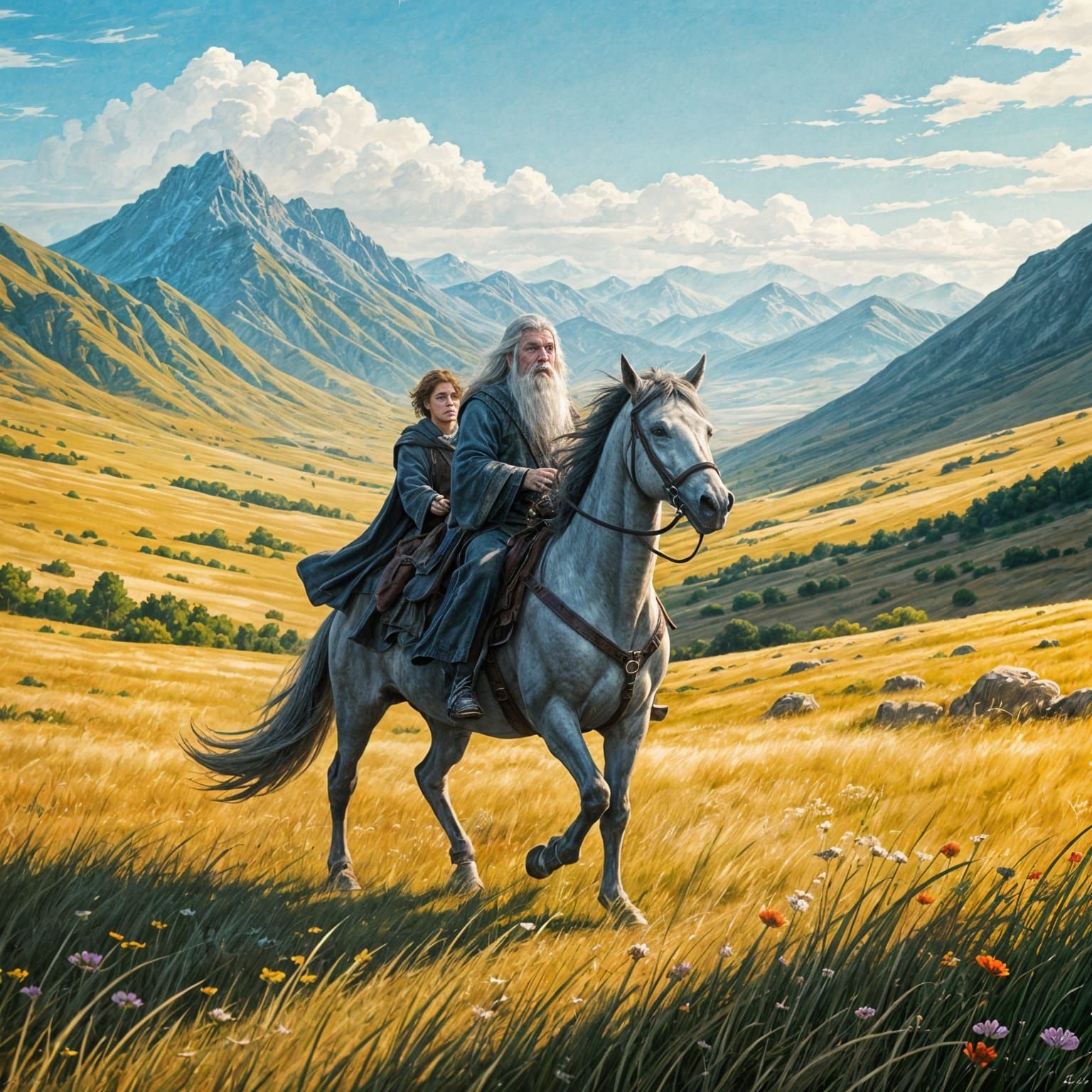 Gandalf and Pippin Ride to Gondor: Oil Painting