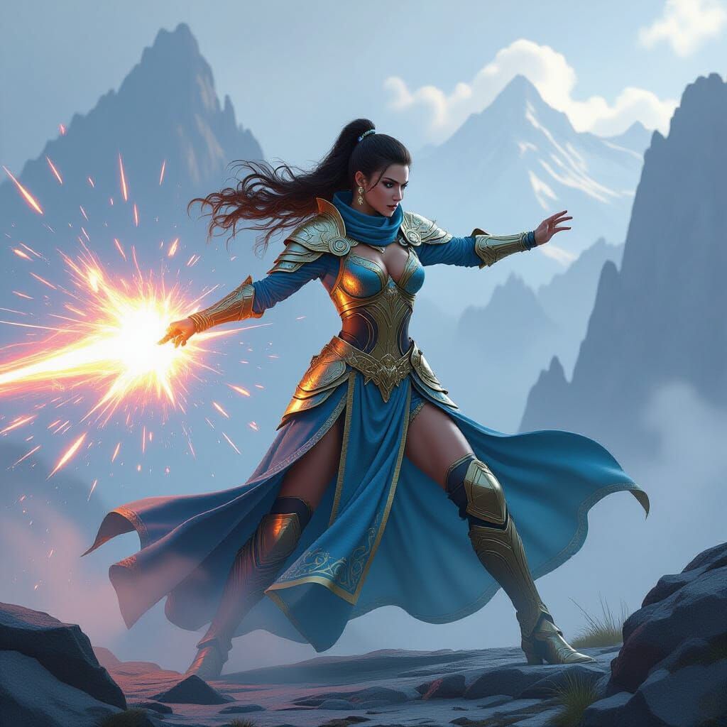 Armored Warrior Princess Unleashing Energy on Mountain