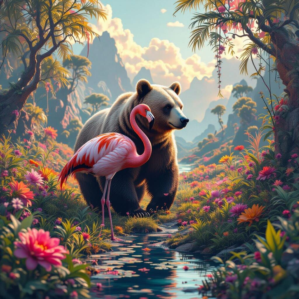 Dreamlike Flamingo Bear in Detailed Matte Painting