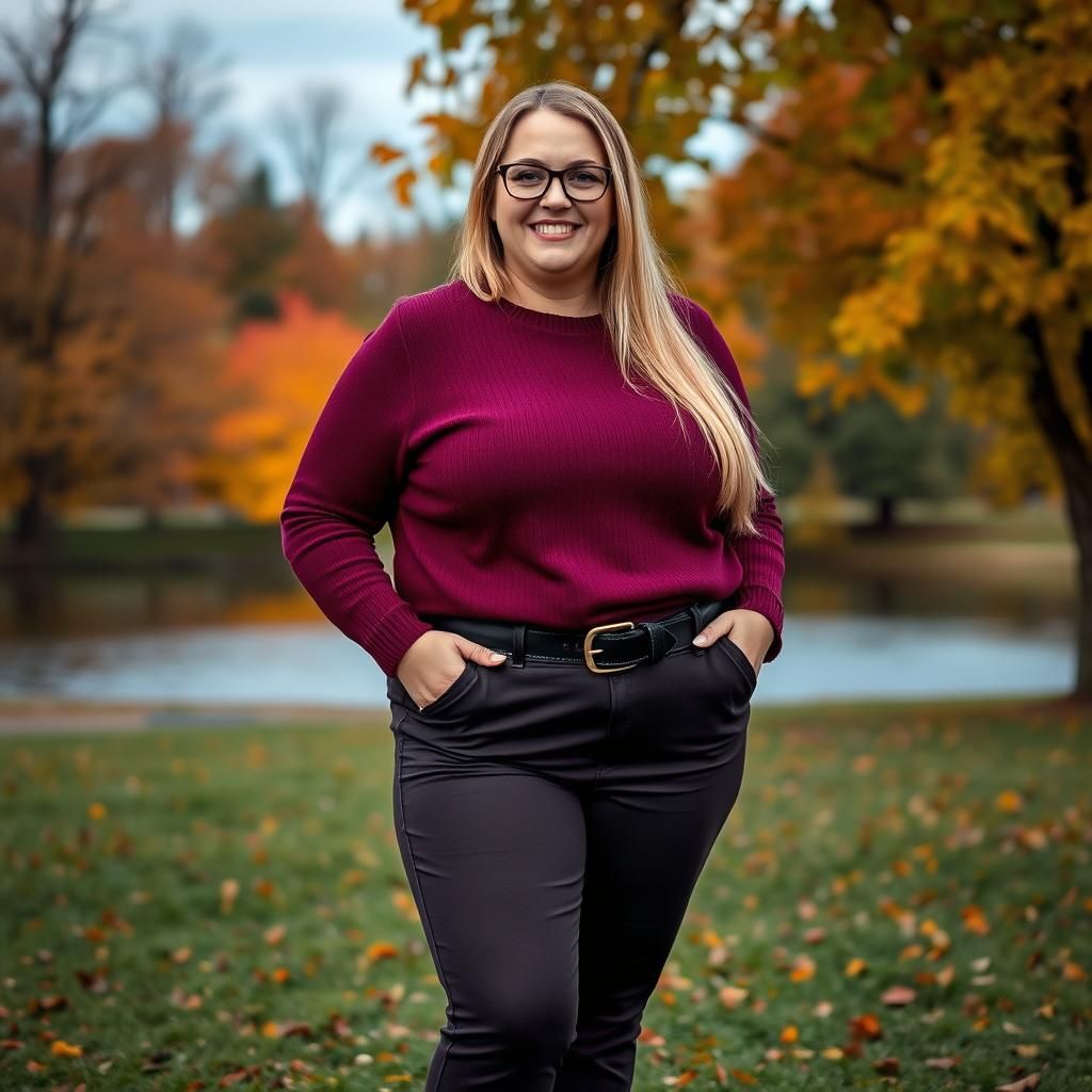 Plus-Sized Woman Posing in Autumn Park Portrait