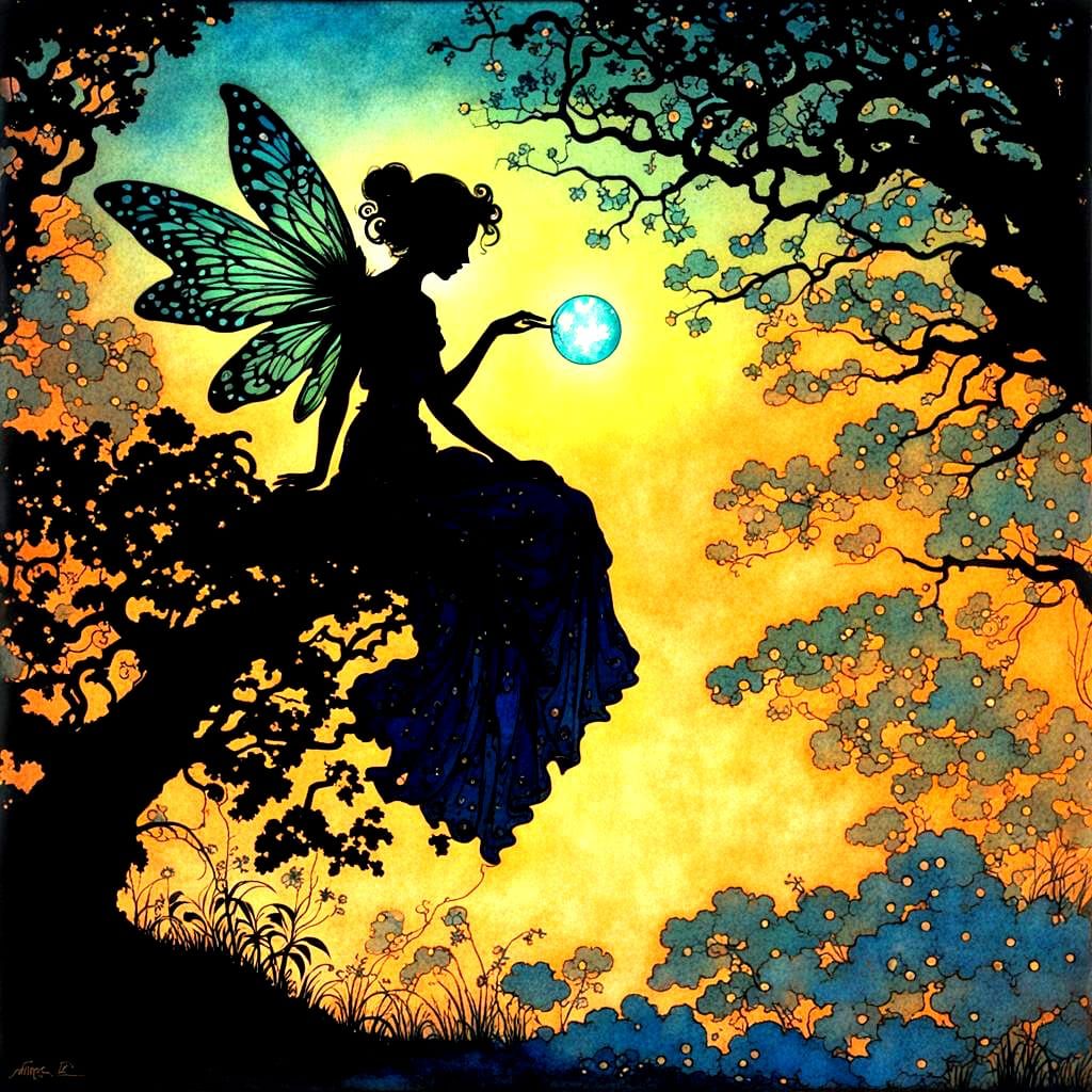 Ethereal Fairy in Neon Silhouette, Inspired by Golden Age Il...