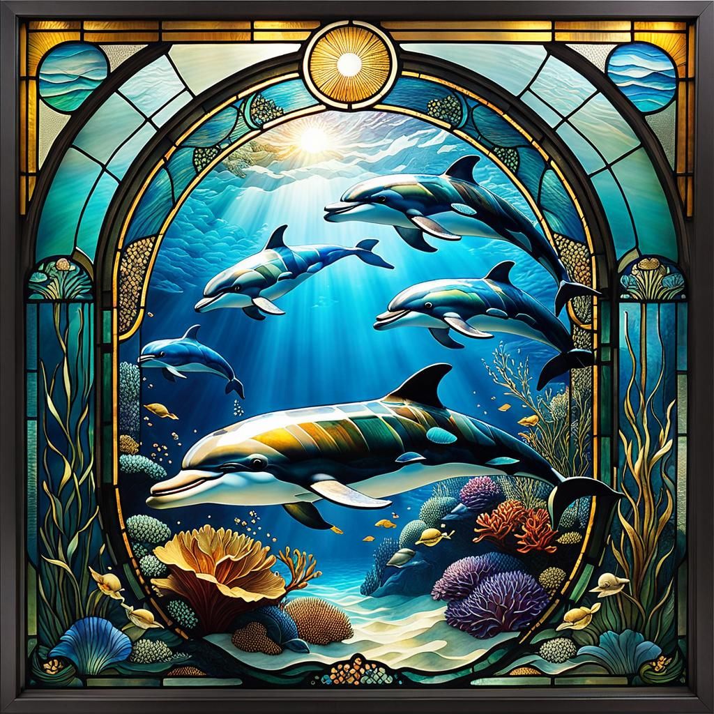 Art Deco Stained Glass Dolphins Underwater