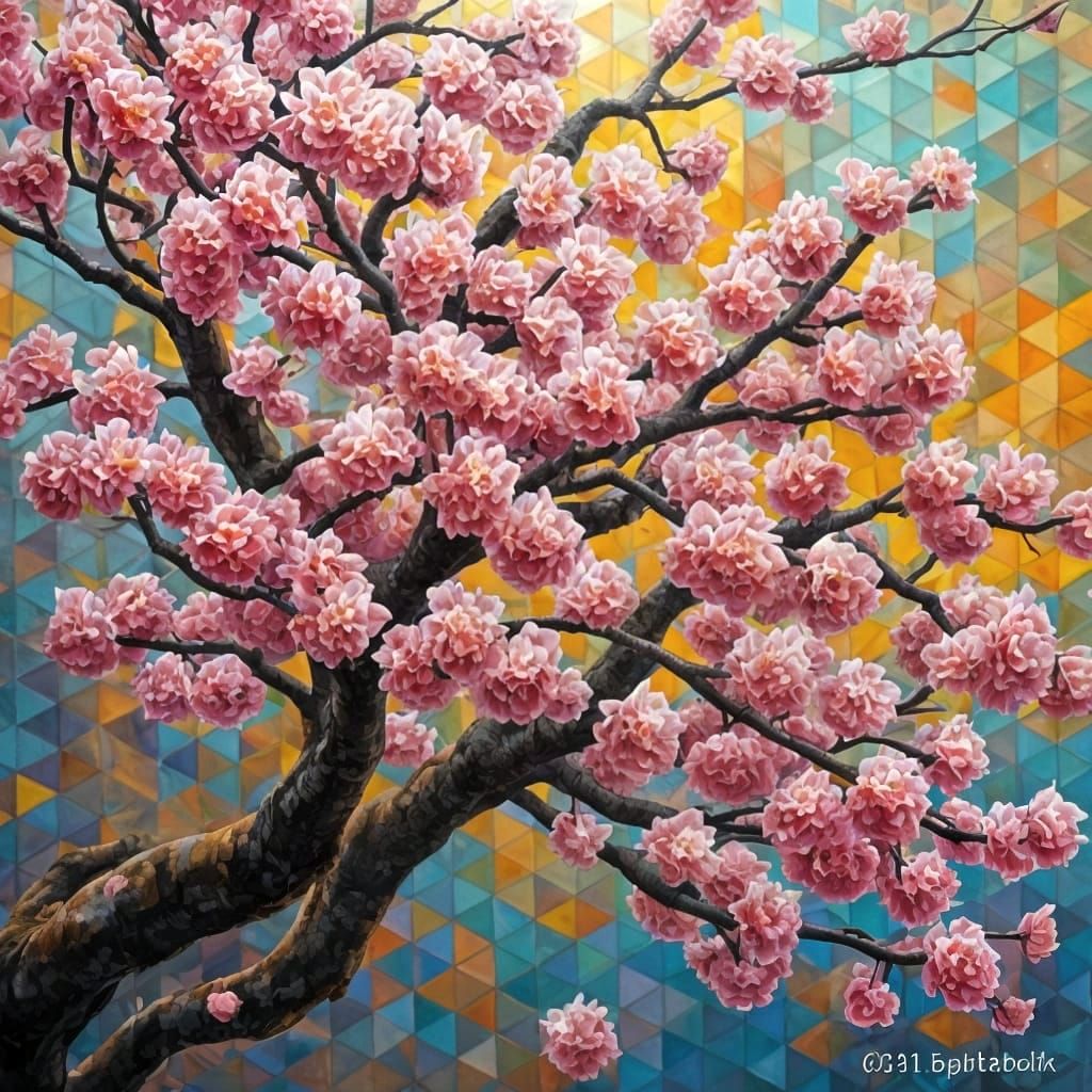 Mystic Cherry Tree Under Aurora, Fractal Art