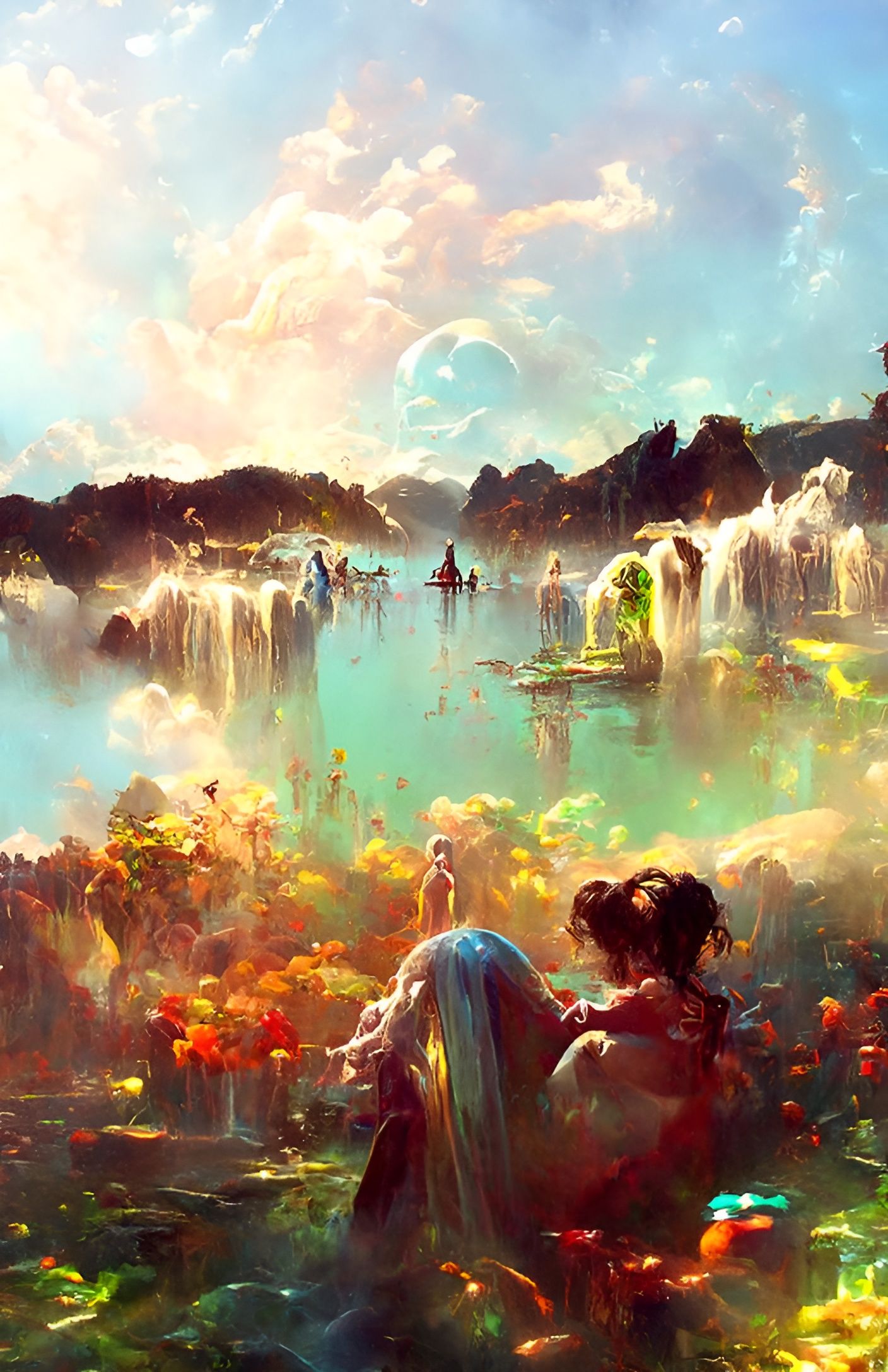 Magical Green Pools Under Aurora Sky: Digital Art