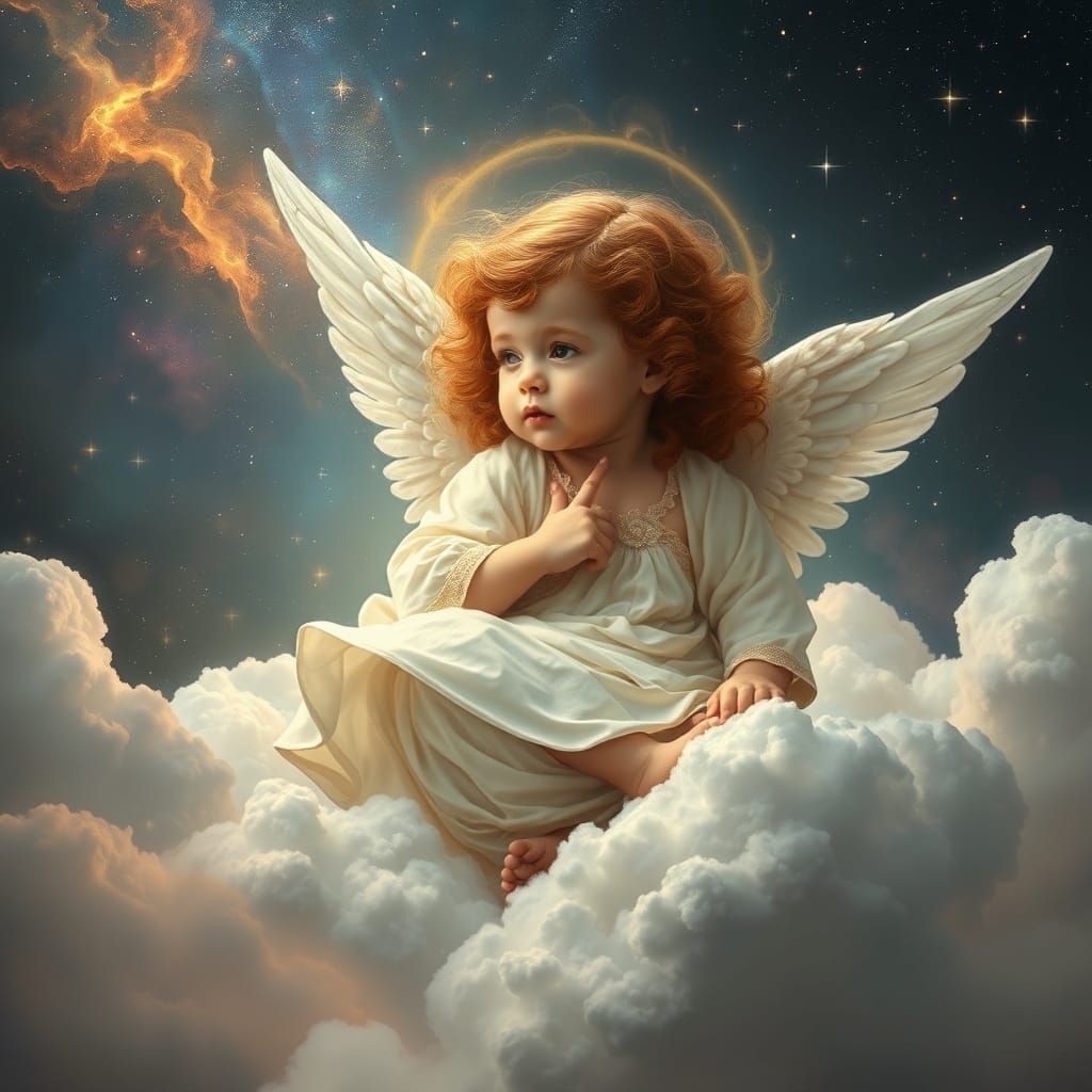 Ethereal Angelic Girl on Cosmic Cloud Digital Painting