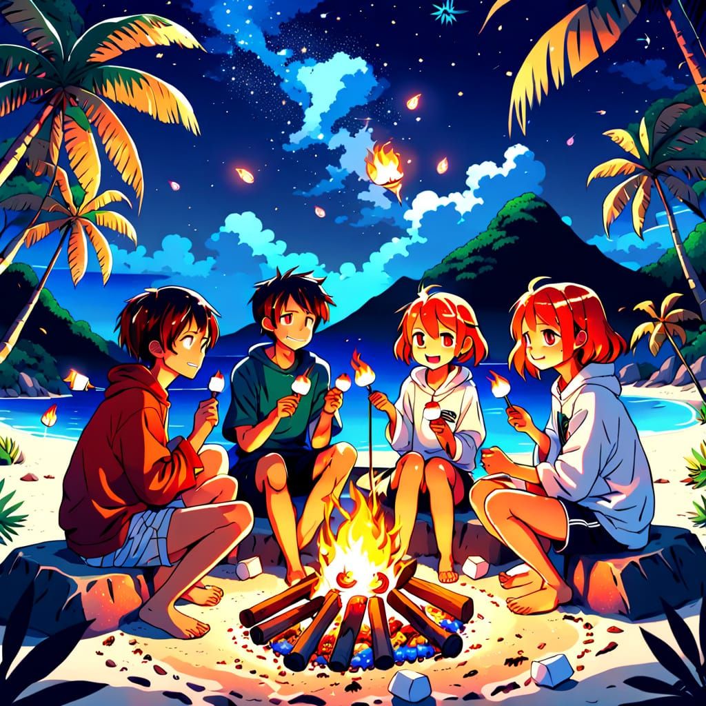 Anime Beach Bonfire with Animal Friends