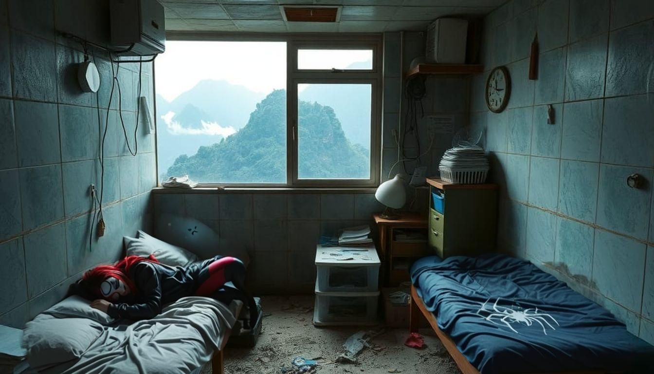 Spider woman sleeping in small room