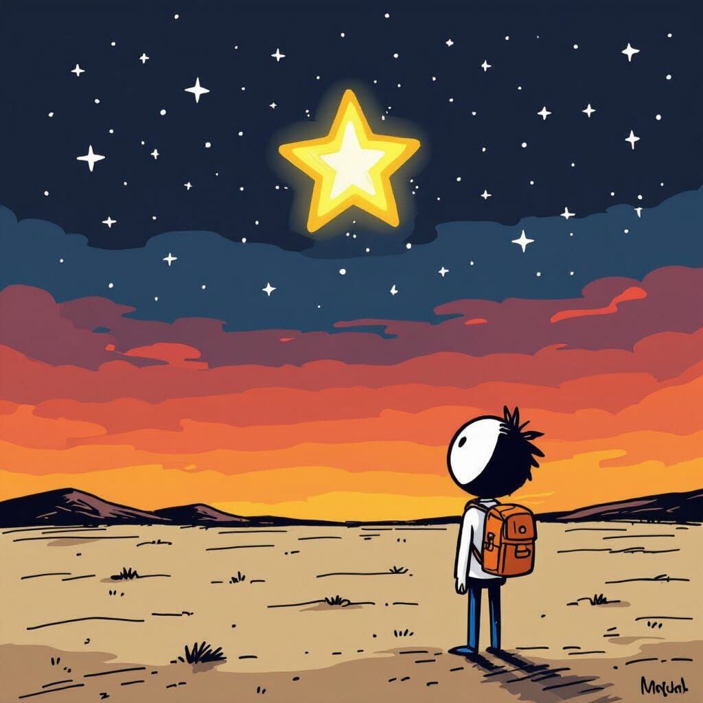 Stickman Gazing at Glowing Star in Doodle Style