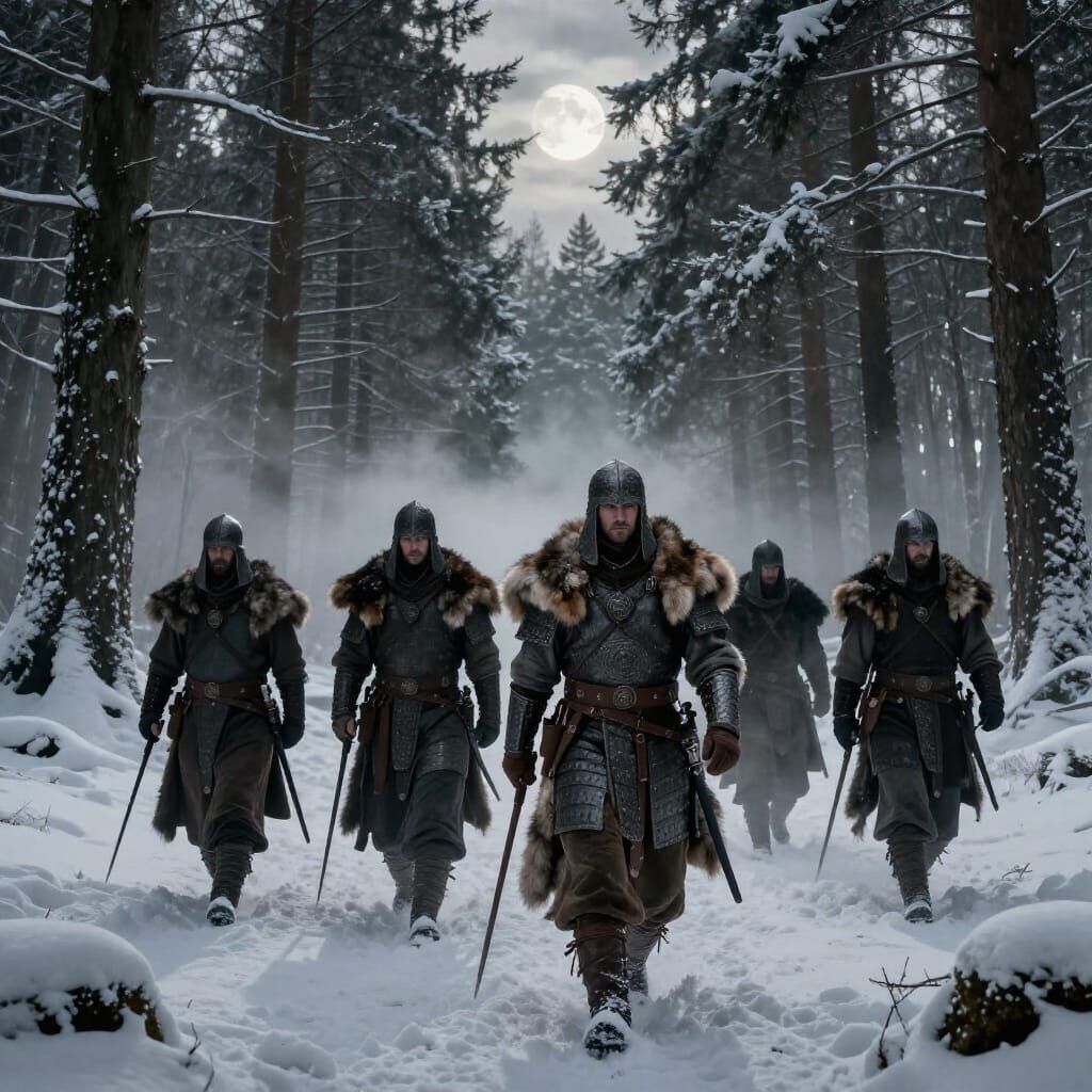 Stern Warriors of the Wild Hunt in Snowy Forest
